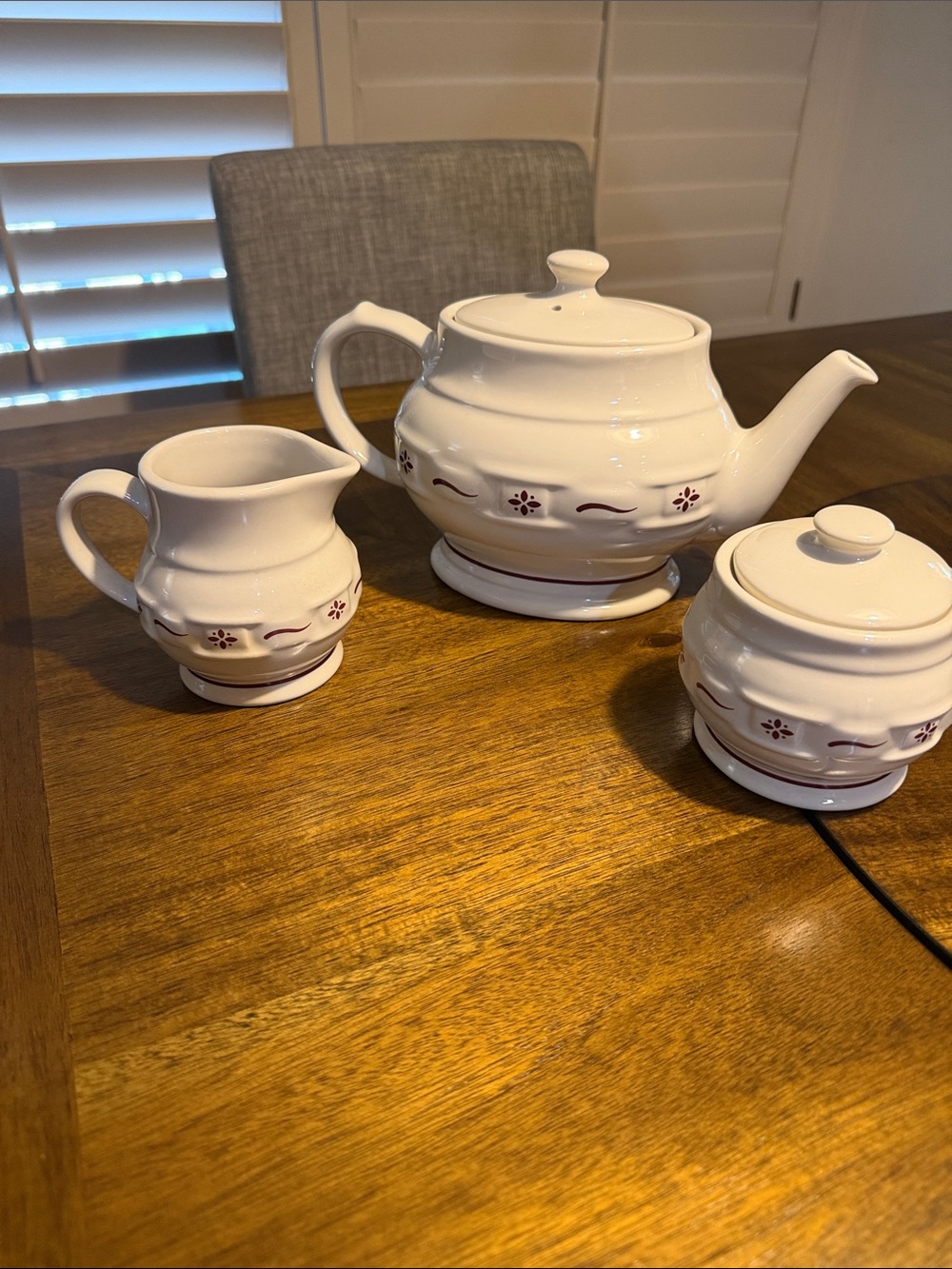 Longaberger White Ceramic Tea Set with Red Floral Accent - 3-Piece